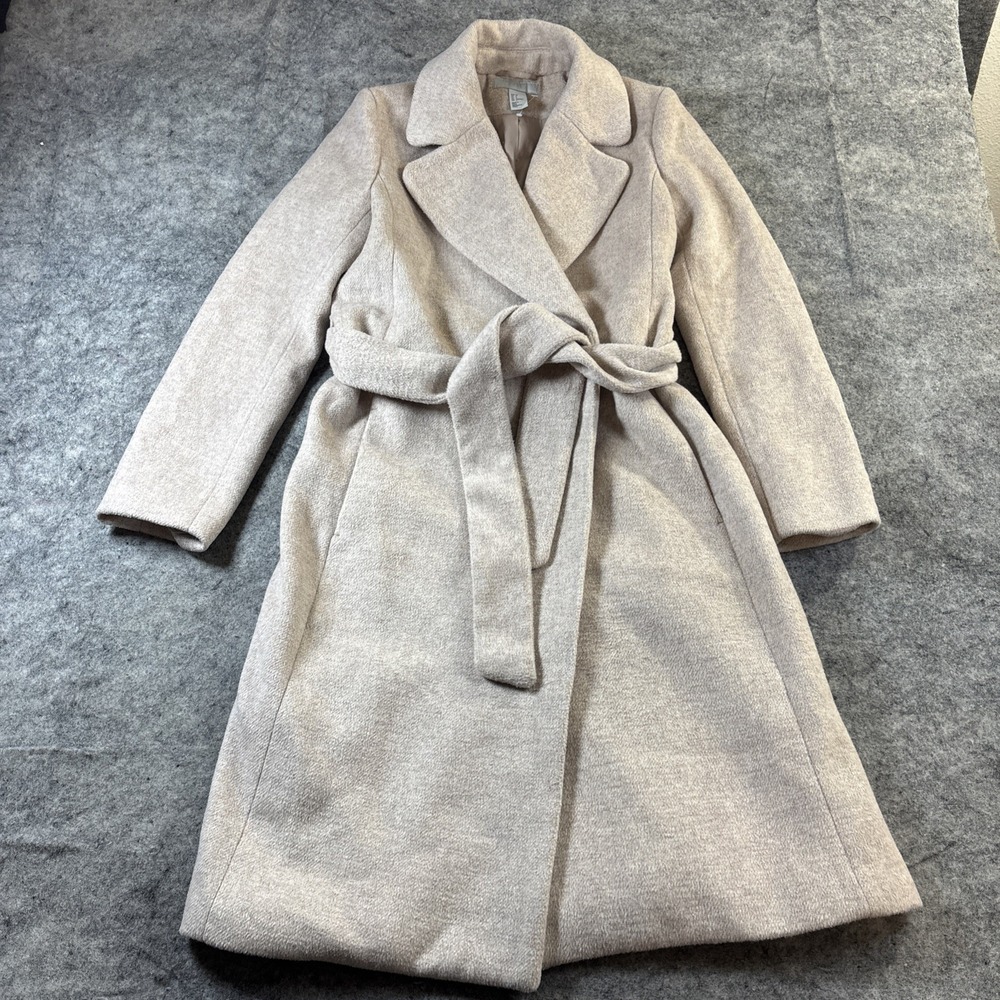 H&M Wrap Coat Belted Long Trench Overcoat Jacket Women's 2 Tan Minimalist